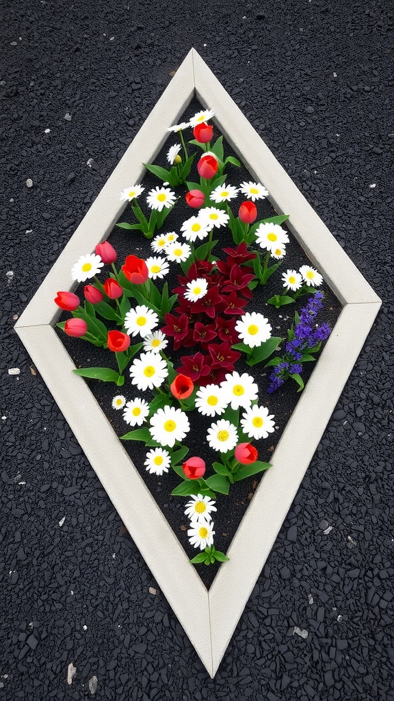 A modern geometric flower bed in a triangular shape filled with vibrant flowers against a dark background.