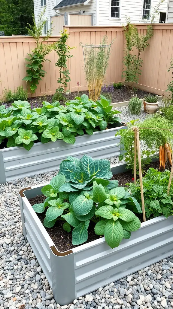 Modern raised garden beds filled with green plants surrounded by gravel pathway.