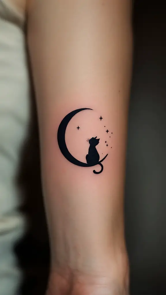 A tattoo of a cat sitting on a crescent moon with stars.