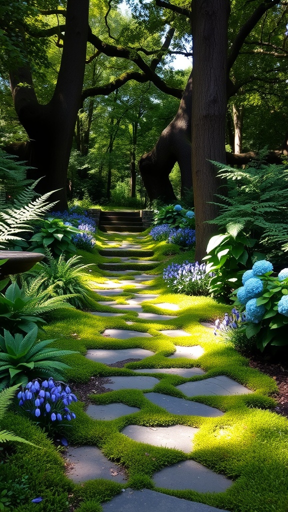 A serene garden pathway lined with moss and colorful flowers.