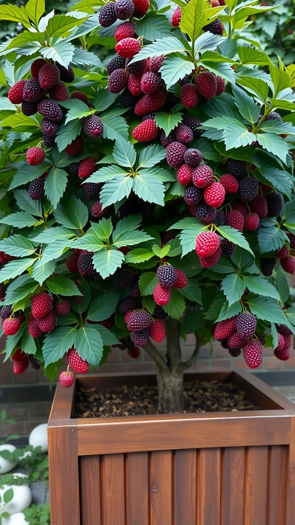 A healthy mulberry tree in a container, laden with ripe red and dark purple berries.