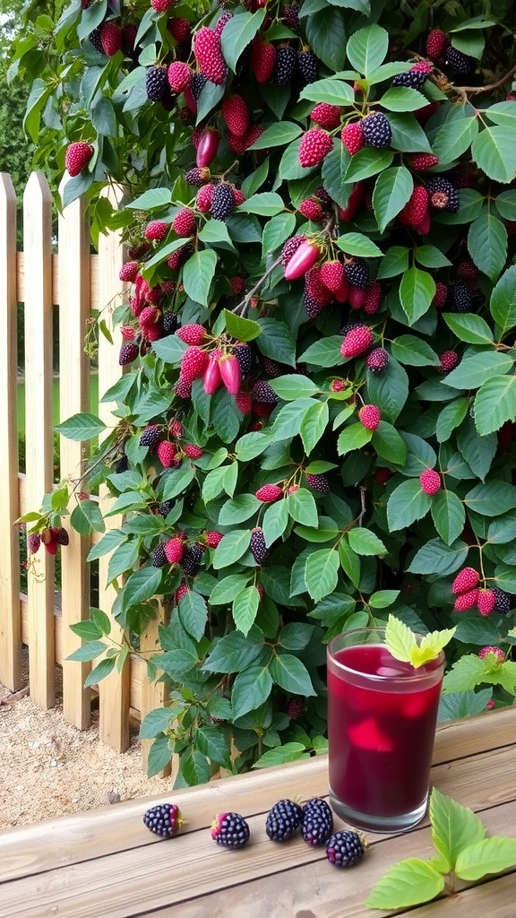 A vibrant mulberry bush with ripe berries and a glass of mulberry juice on a wooden table.