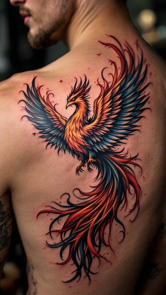 A vibrant phoenix tattoo on a man's back, symbolizing rebirth and renewal.