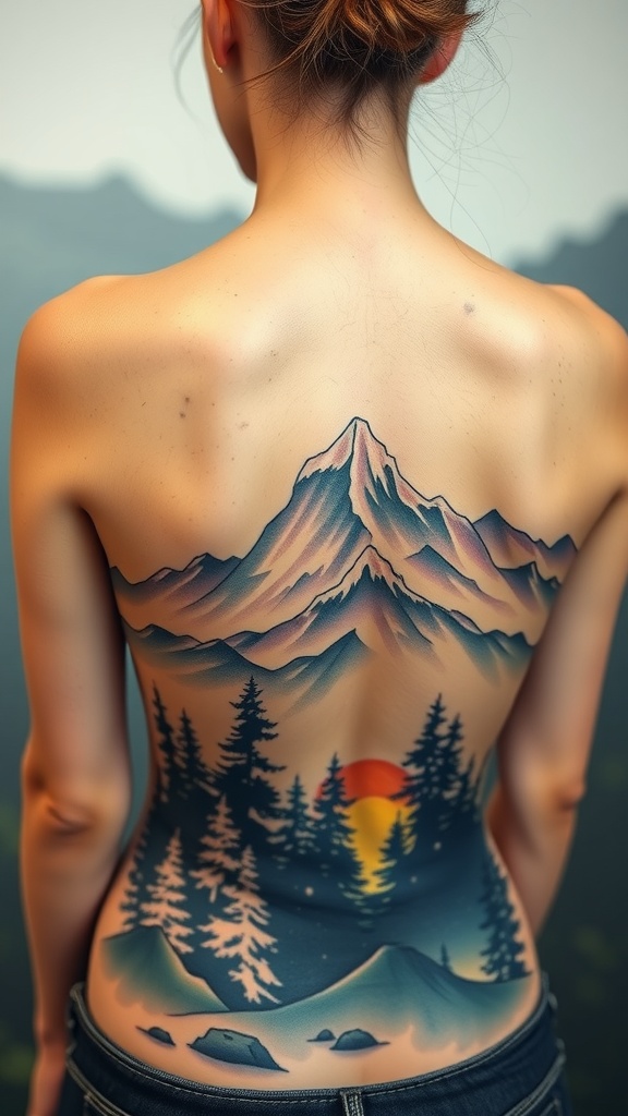 A back tattoo featuring mountains, trees, and a sunset, showcasing nature-inspired art.