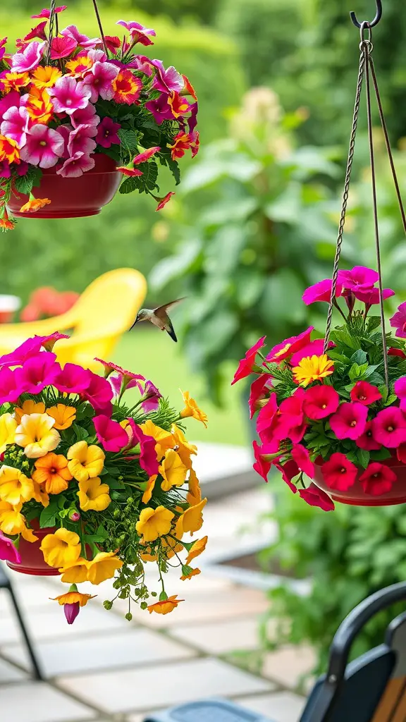 Colorful nectar-rich hanging baskets with flowers attracting hummingbirds