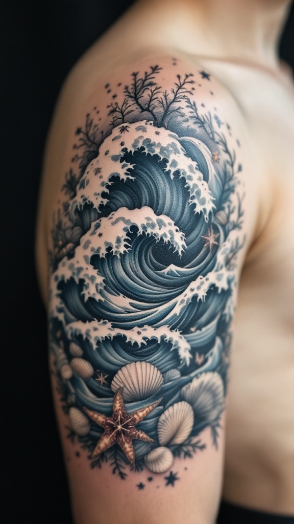 Tattoo of ocean waves and shells on a person's shoulder