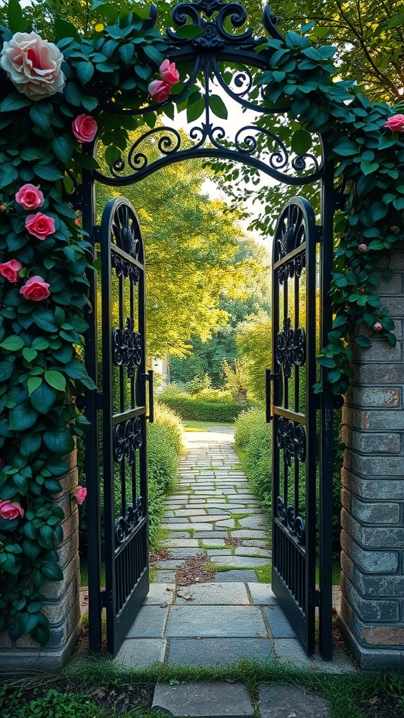 An old-fashioned garden gate adorned with roses, leading to a stone pathway surrounded by lush greenery.