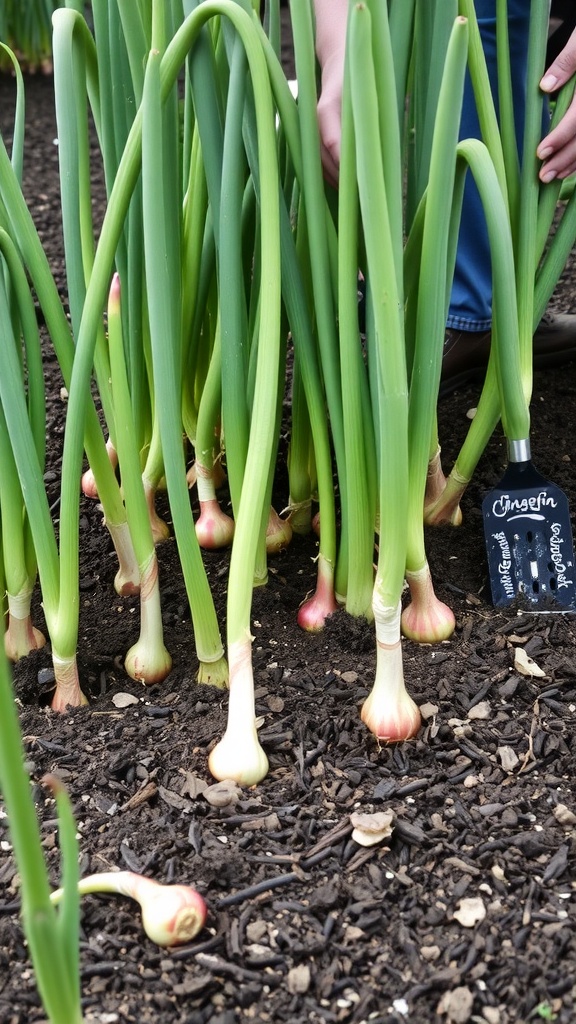 A close-up view of growing onions in a backyard garden.