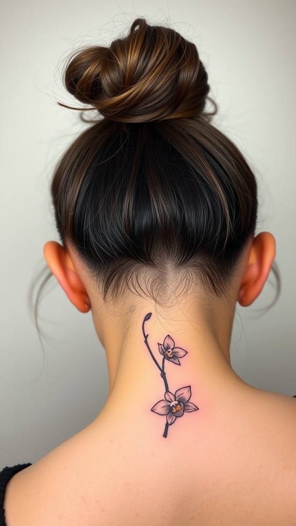 A delicate orchid tattoo on the back of a neck