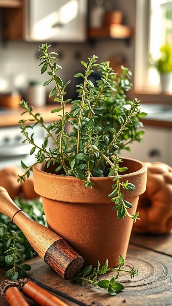 A potted oregano plant on a kitchen table with a wooden pestle nearby.