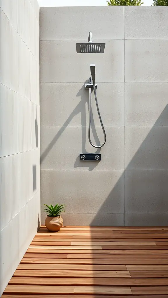 A sleek outdoor shower nook with a minimalist design featuring a shower head, a hose, and a small potted plant on wooden flooring.