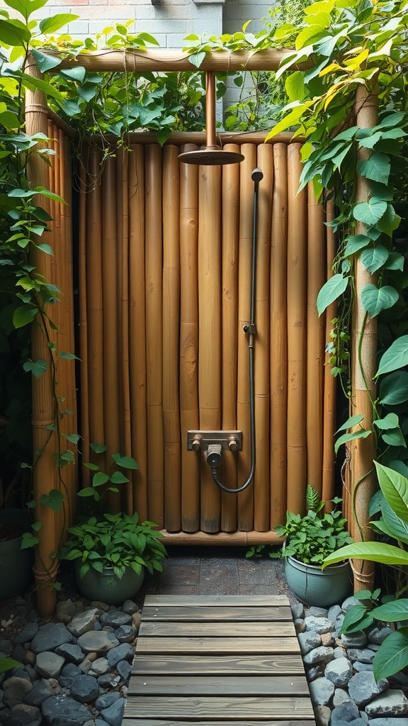 A cozy outdoor shower area surrounded by bamboo walls and lush green plants.