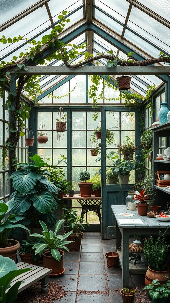 A cozy, overgrown greenhouse filled with various plants and natural light.