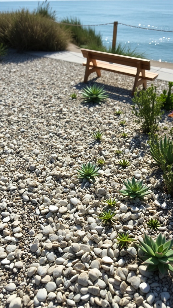 A coastal garden featuring oyster shell mulch with succulents and a wooden bench overlooking the water.