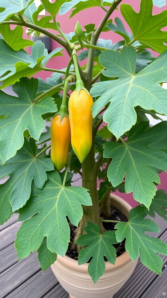 Papaya fruits growing on a plant in a pot