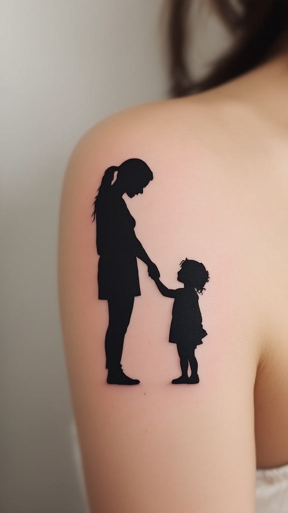 A silhouette tattoo of a parent and child holding hands.