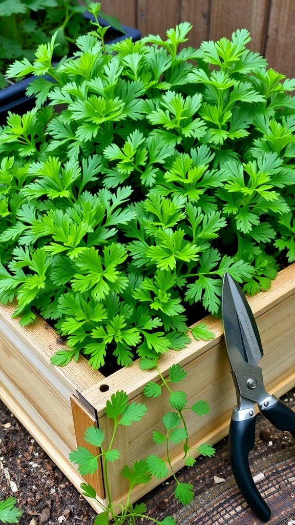 A lush parsley plant in a wooden planter, with gardening shears beside it.