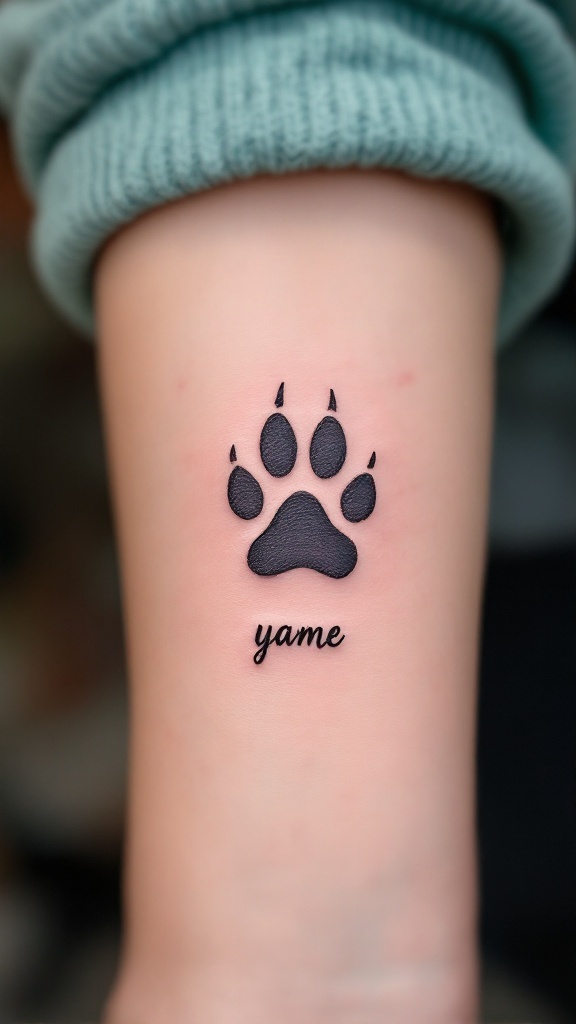 A black paw print tattoo with the name 'yame' below it on a person's arm.