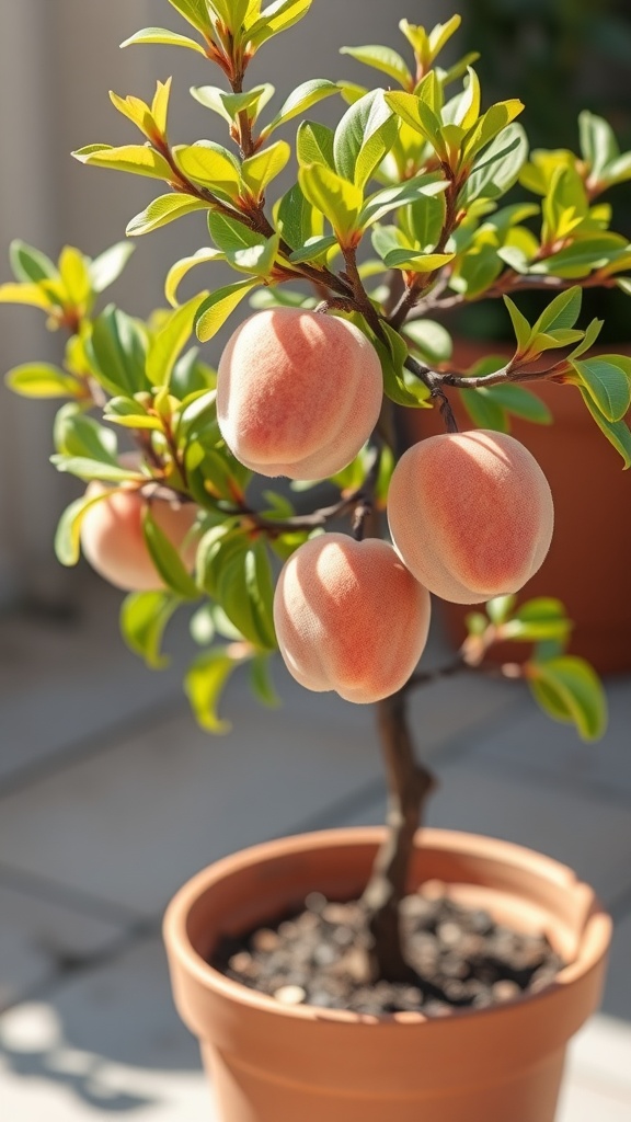 A small peach tree in a pot with ripe peaches hanging from its branches