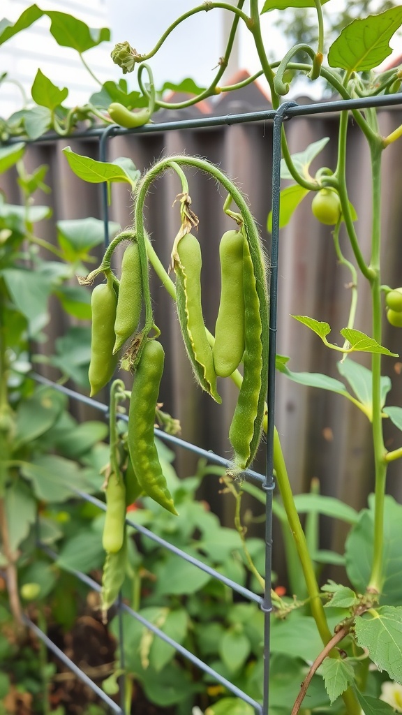 A close-up of pea pods growing on a trellis in a garden.