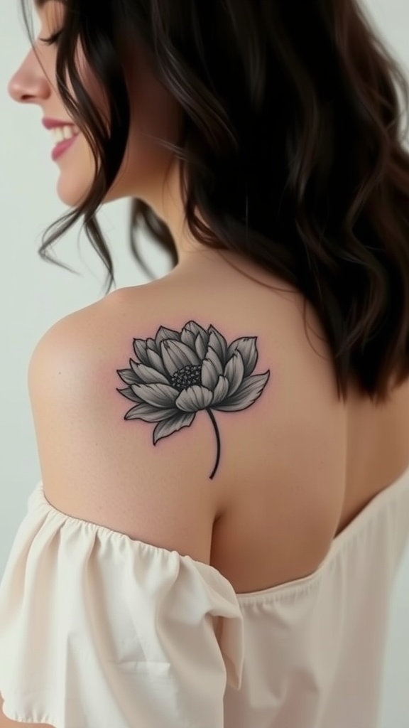 A delicate fine line tattoo of a peony on a woman's shoulder blade.