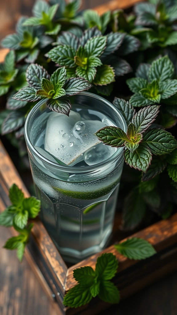 A refreshing glass of water with ice and lime, surrounded by lush peppermint leaves.