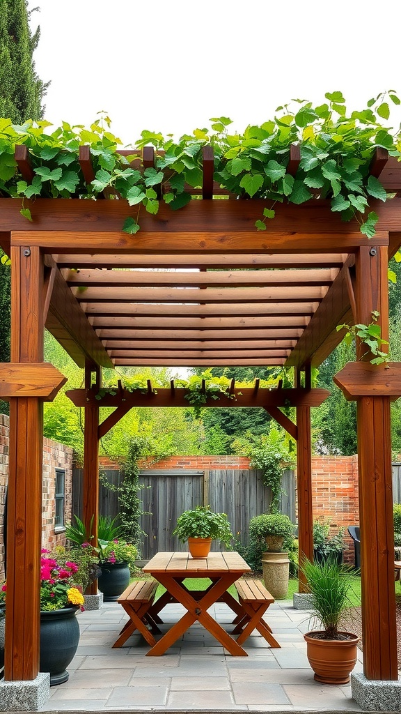 A wooden pergola with climbing plants and a table set underneath.