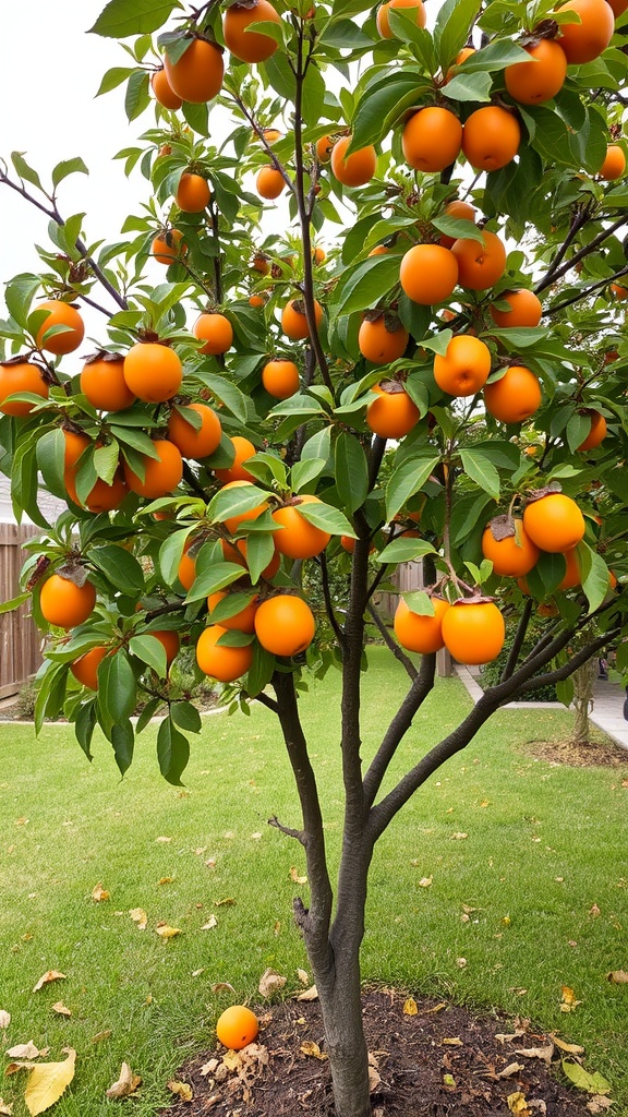 A persimmon tree laden with ripe orange fruit in a backyard.