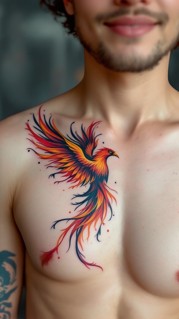 A vibrant Phoenix Rising tattoo on a man's chest, showcasing bright colors and intricate details.