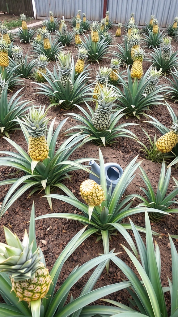 A field of pineapples growing in well-tended soil with a watering can present.