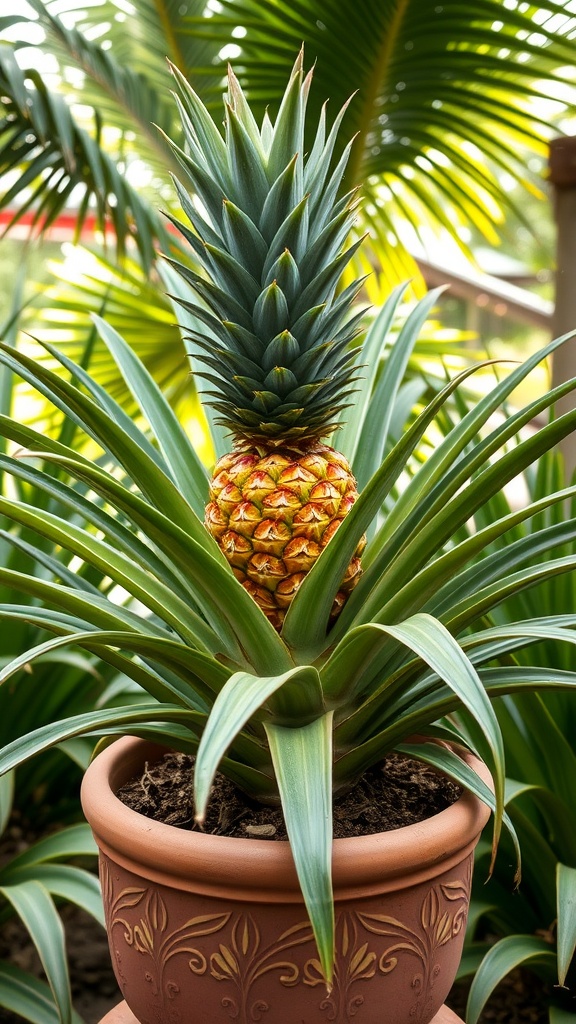 A vibrant pineapple plant in a terracotta pot with green leaves and a ripe fruit