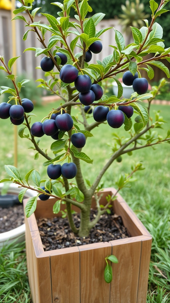 A container-grown plum tree with ripe plums on it in a garden.