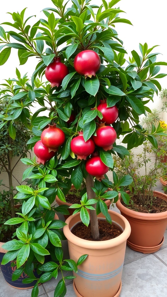 Pomegranate tree in a container, full of bright red fruit