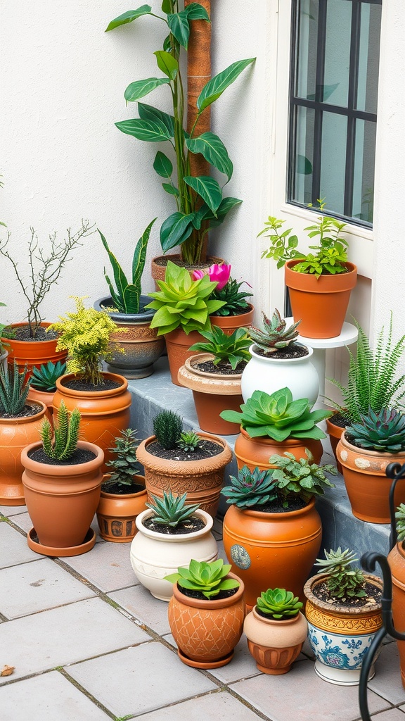 A variety of potted plants arranged together in a small garden space.