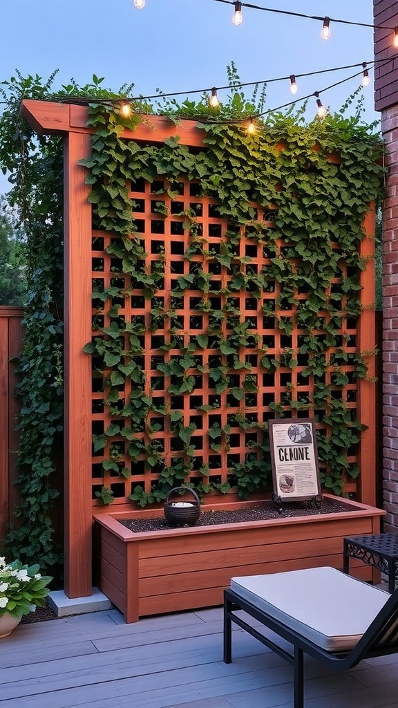 A wooden trellis covered with climbing plants, serving as a privacy screen, adorned with string lights.