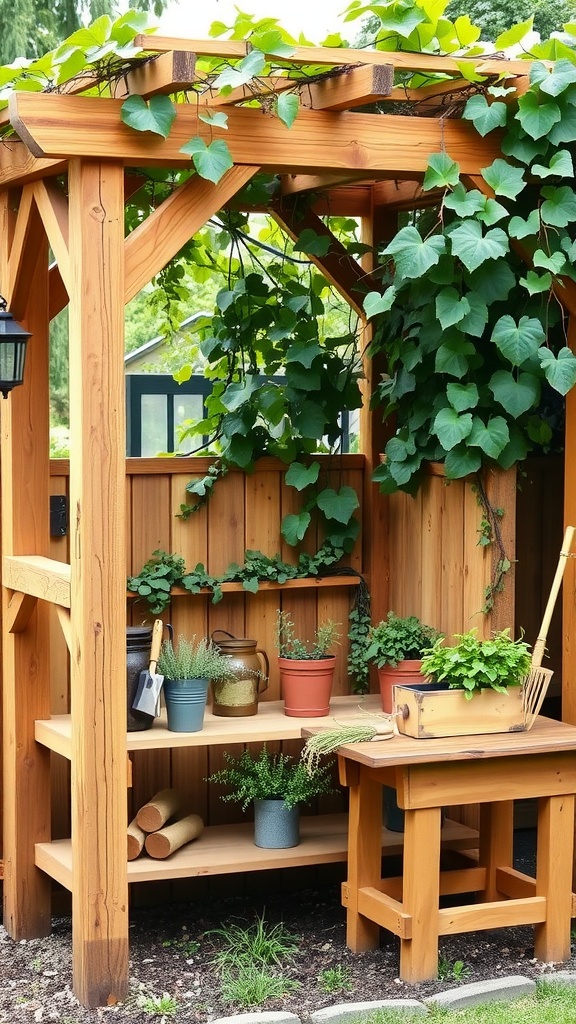 A wooden garden nook with shelves and potted herbs surrounded by greenery.