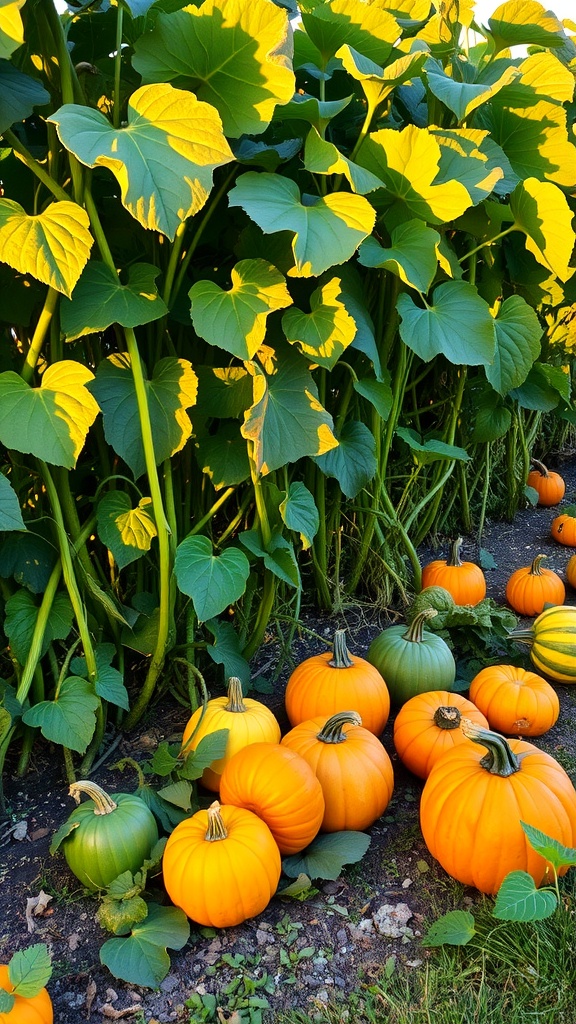 A variety of pumpkins growing in a backyard garden surrounded by large green leaves.