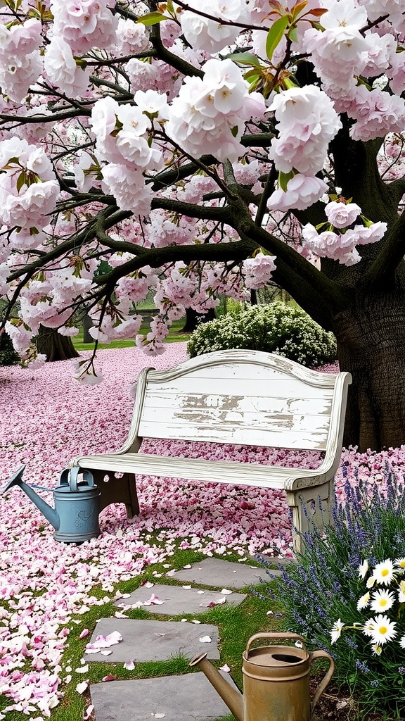 A quaint garden bench under a blooming tree surrounded by pink petals and flowers.