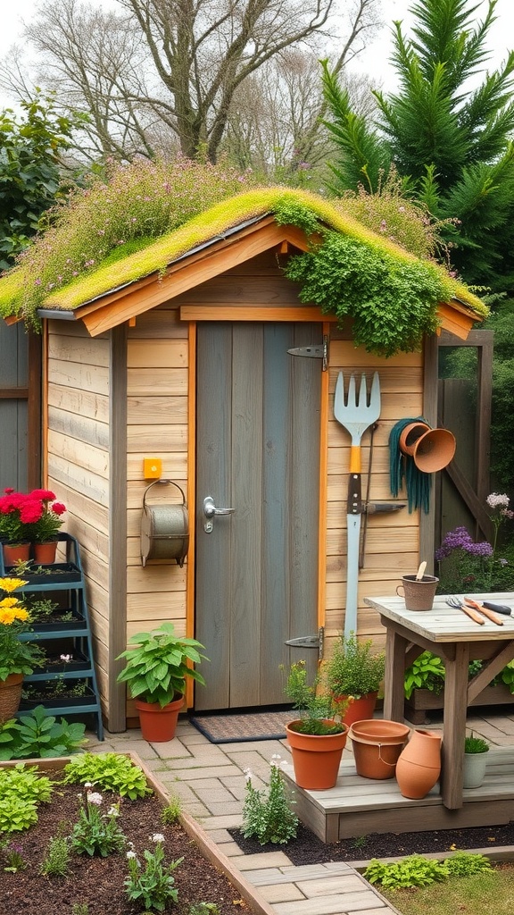 A quaint potting shed with a floral roof, surrounded by colorful plants and garden tools.