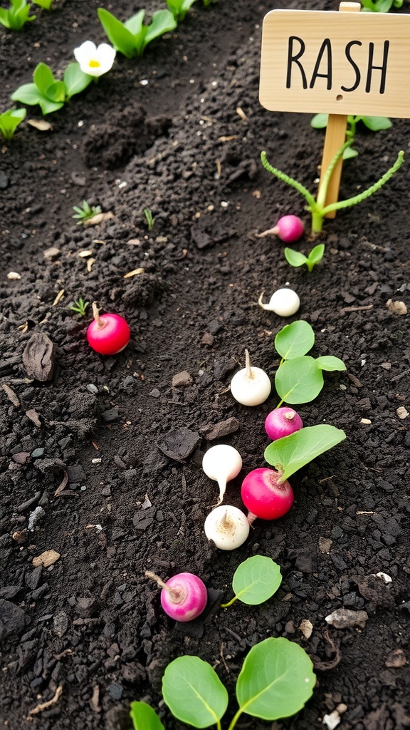 A row of radishes in a garden bed with a sign labeled 'RADISH'.