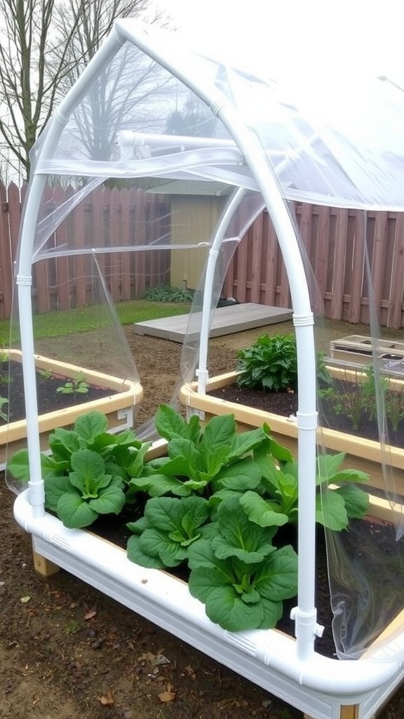 Raised bed garden featuring a hoop house with lush green plants.