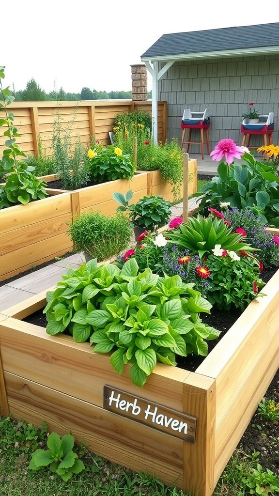 A raised garden bed with a built-in bench, surrounded by various plants and flowers.