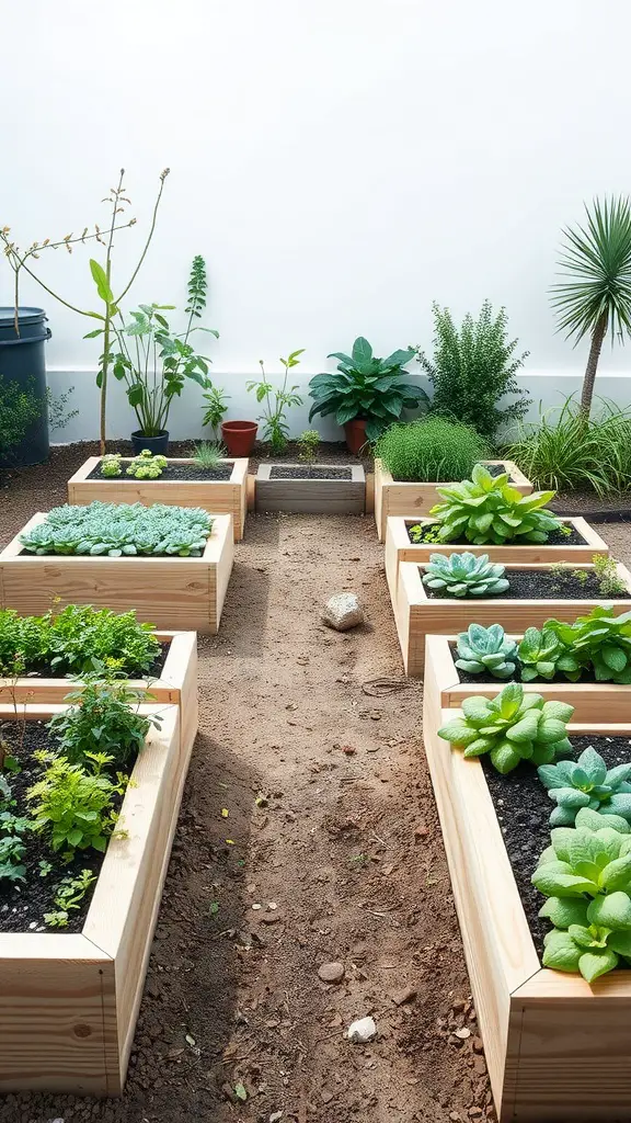 Image of raised garden beds filled with various plants, showcasing a clean and organized backyard layout.