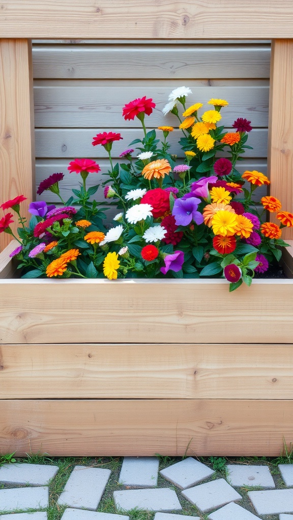 A colorful raised wooden flower bed filled with various blooms