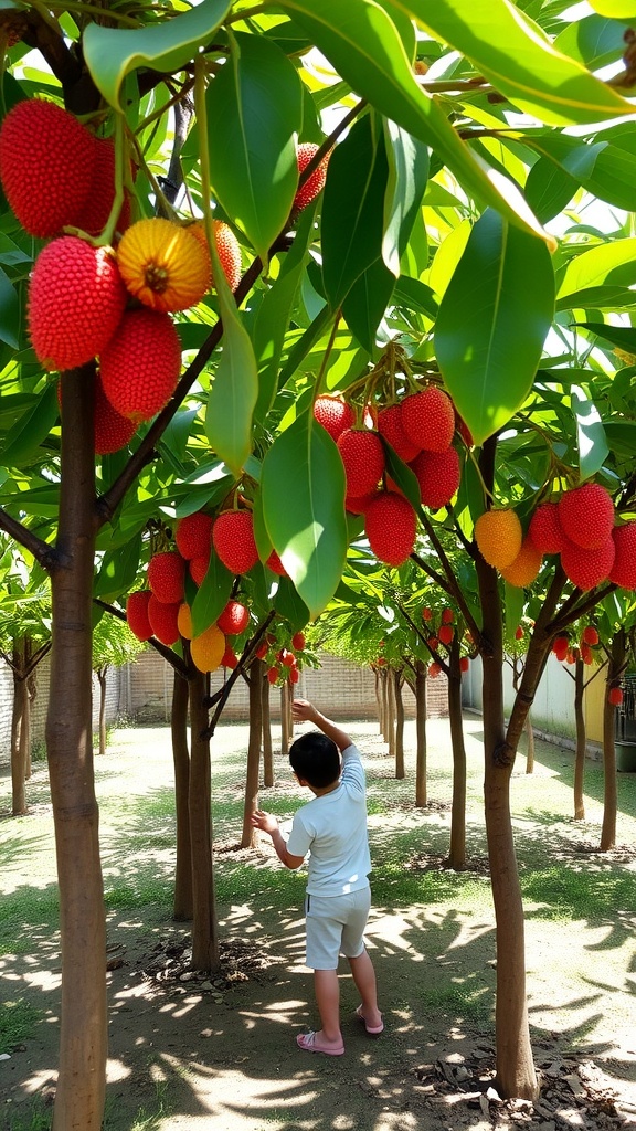 Child picking rambutan fruit from trees in a garden