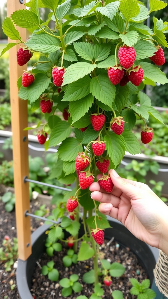 Raspberry plant with ripe berries, being hand-picked in a garden setting.