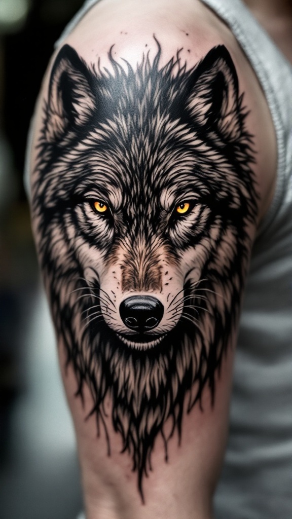 Realistic wolf portrait tattoo on arm