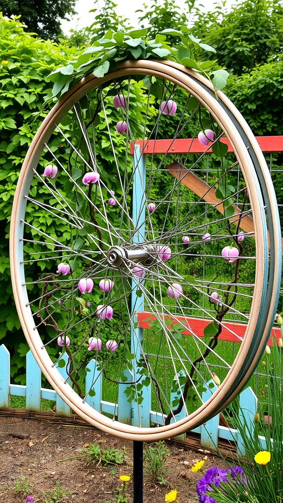 A recycled bicycle wheel serving as a trellis for climbing plants, adorned with purple flowers and green leaves.