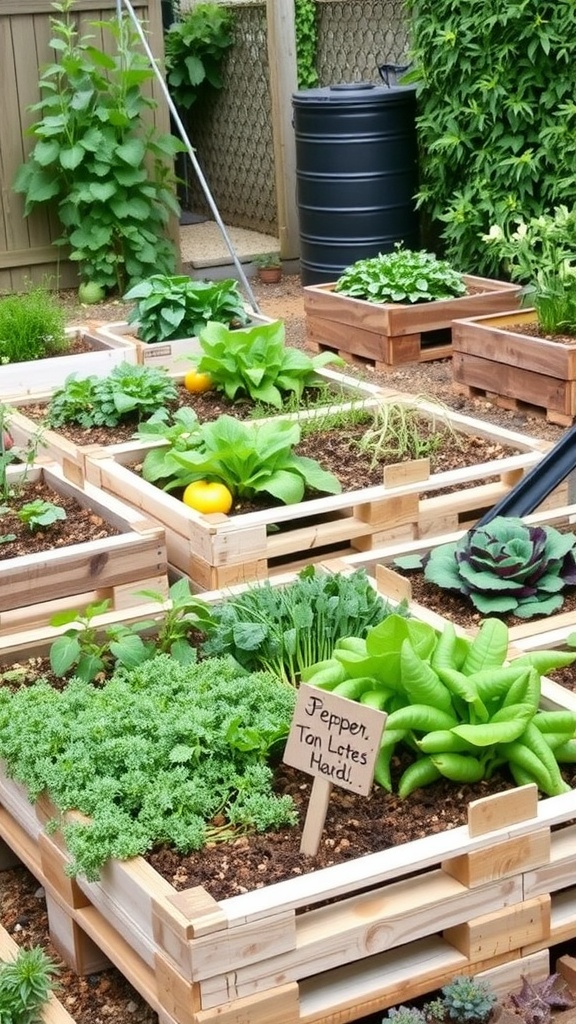 Raised bed garden made from recycled pallets with various vegetables and herbs