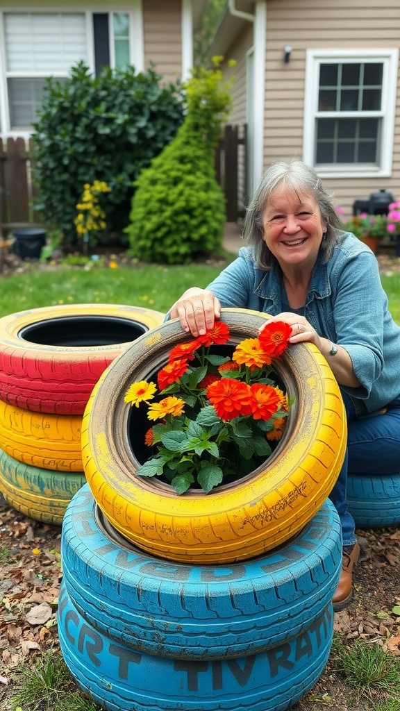 A woman smiling while posing with colorful repurposed tire planters filled with flowers in a garden.